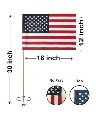 12"x18" US Memorial Flags with No Tip, No Fray- 3/8" Staff