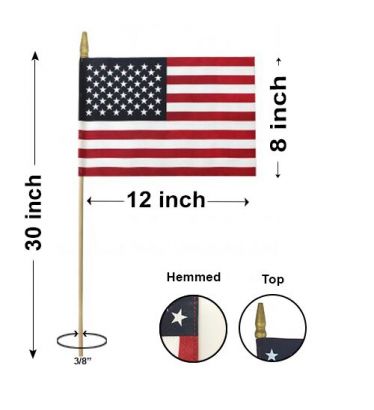 8" x 12" U.S. Mini - Gold Spear, Hemmed- 3/8"x30" Staff