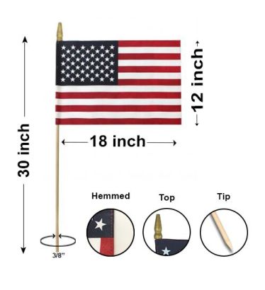 12"x18" US Memorial Flags - Gold Spear, Hemmed with Ground Insert