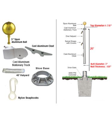 20' Light Commercial Bolted-Base Removable Flagpole 