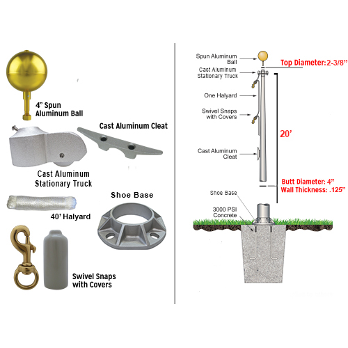 20' Standard Commercial BoltedBase Removable Flagpole BoltedBase