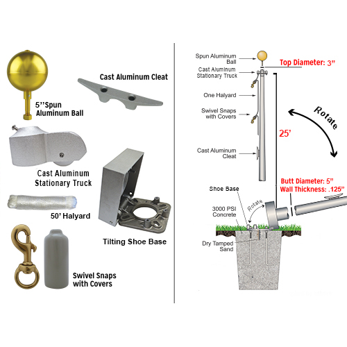 25' Standard Commercial HingedBase Flagpole HingedBase Tilting