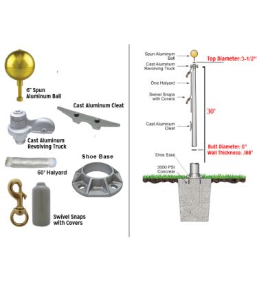 30' Heavy Commercial Bolted-Base Removable Flagpole 